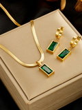 Stainless steel square necklace and earring set with green crystal and cubic zirconia