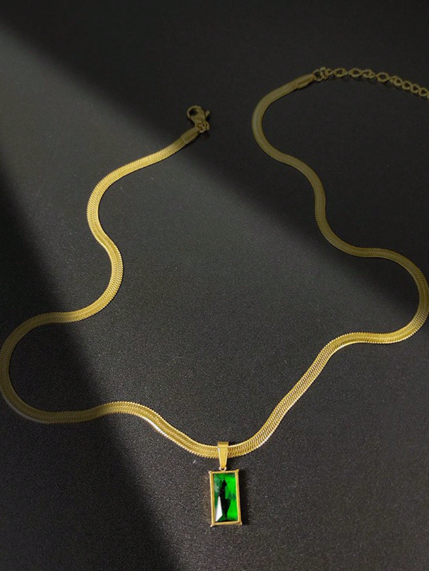 Stainless steel square necklace and earring set with green crystal and cubic zirconia