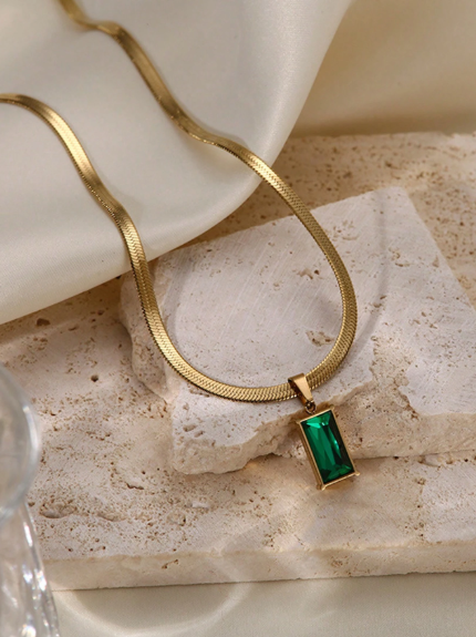 Stainless steel square necklace and earring set with green crystal and cubic zirconia