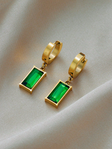 Stainless steel square necklace and earring set with green crystal and cubic zirconia